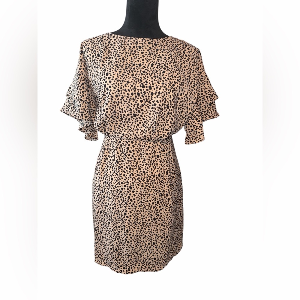 She + Sky Leopard Print Lined Mini Dress With Ruffled Sleeves, Size Large